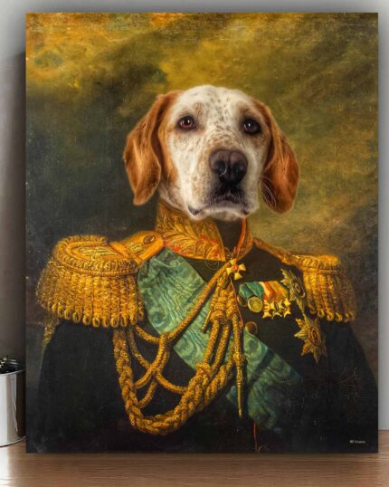 The General #9 - Custom Pet Canvas features a dog with brown ears in regal military attire, styled like a royal portrait, displayed on a wooden surface beside a potted plant—showcasing exquisite custom pet canvas printing.