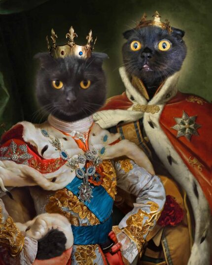 Two black cats with yellow eyes wear royal crowns and ornate robes, posing together in a classic portrait style. The King Bros #24 - Custom Pet Canvas is perfect for turning your pets into regal art.