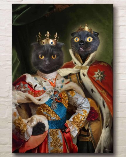 The King Bros #24 - Custom Pet Canvas features two cats in royal costumes and crowns on a green backdrop, creating a dramatic, elegant portrait—ideal for anyone seeking regal custom pet canvas printing.