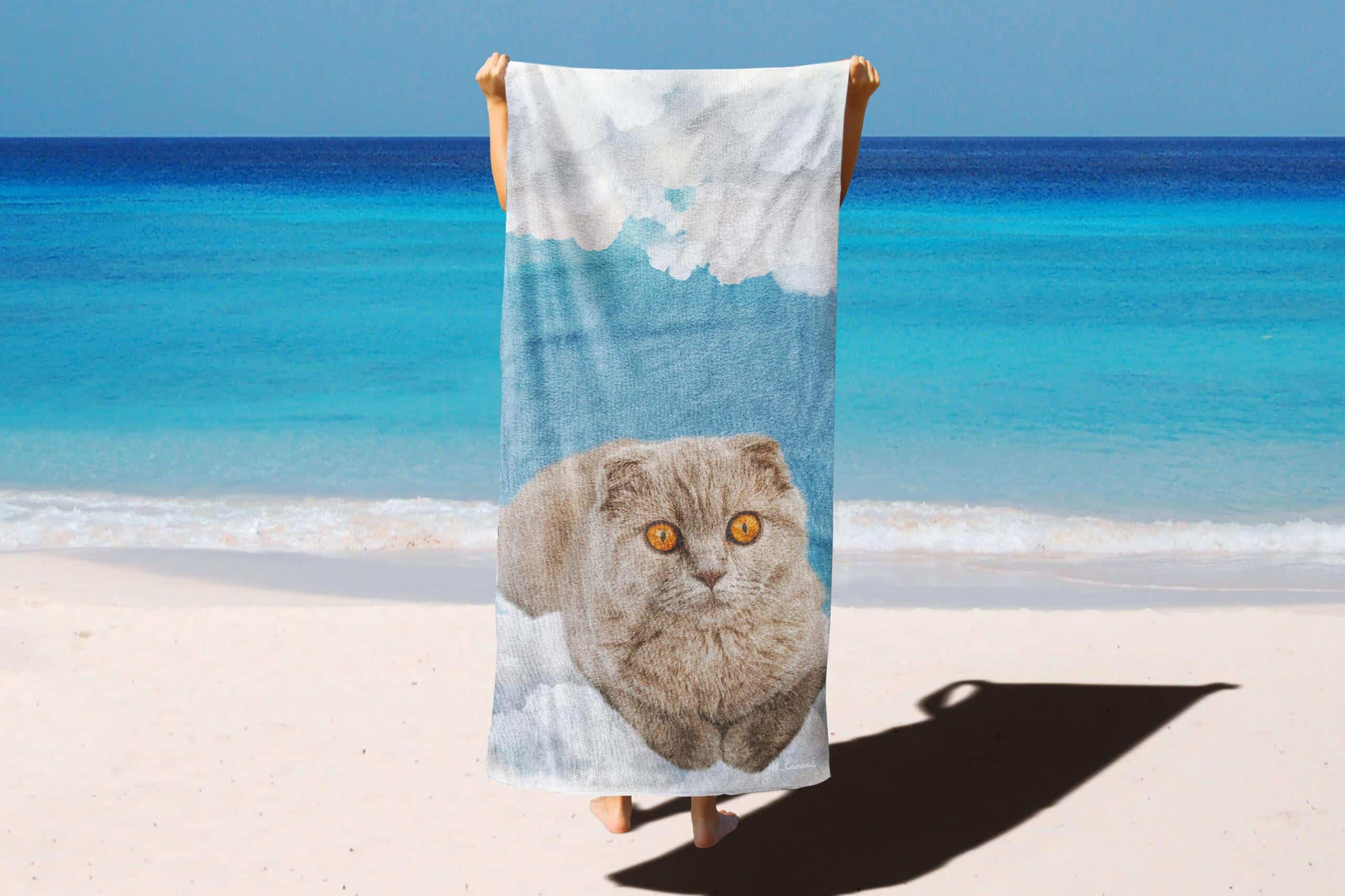 On A Sandy Beach With The Ocean And Sky Behind, A Person Holds Up The Custom Design 3D Printed Beach Towel – Clouds, Featuring A Gray Cat With Orange Eyes Lying On Clouds. On a sandy beach with the ocean and sky behind, a person holds up the Custom Design 3D Printed Beach Towel – Clouds, featuring a gray cat with orange eyes lying on clouds.