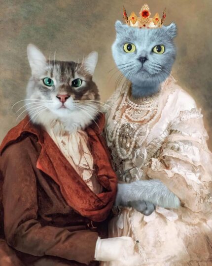 Two cats with human bodies pose in vintage formal wear—a crowned ornate dress and a brown suit—in a classical portrait. The King Bros #24 - Custom Pet Canvas is perfect for unique pet canvas gifts and custom designs.