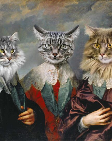"Üç Silahşörler - Özel Tasarım Evcil Hayvan Tuval"da, aristokrat kıyafetler giymiş üç asil kedi, klasik ve eski moda bir cazibe katan bulutlu bir gökyüzü fonunda resmi bir portre için poz veriyor.