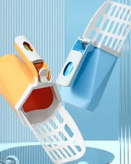 The LitterLux Advanced Cat Litter Scoop, shown in orange and blue with a white hinged scoop and slotted grate, floats against a modern blue background—ideal as props for your next custom-designed pet canvas.