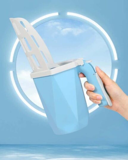 A hand holds the LitterLux Advanced Cat Litter Scoop with a sleek blue design and white accents against a blue backdrop, evoking the soft tones of custom pet canvas art. A circular window in the background reveals a cloudy sky.