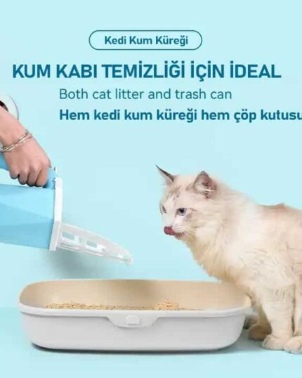 A person uses the LitterLux Advanced Cat Litter Scoop above a beige litter box. A blue-eyed white cat sits beside it on a light blue background, with Turkish and English text about litter box cleaning and custom pet canvas.