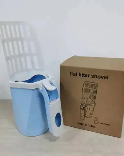 The LitterLux Advanced Cat Litter Scoop and its matching container rest beside a brown box labeled “Cat litter shovel,” with a line drawing—ideal for keeping areas tidy before showing off your custom pet canvas.