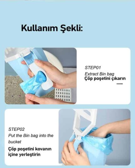 Instructions for using the LitterLux Advanced Cat Litter Scoop: Step 1—remove the scoop; Step 2—use it to clean the litter box. Images show hands with a blue scoop and white bin. Ideal for homes with pet or custom pet canvas decor. Text in Turkish and English.
