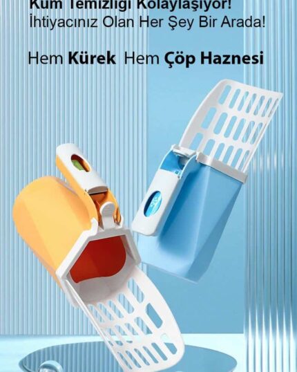Two LitterLux Advanced Cat Litter Scoops, in orange and blue, with built-in waste containers are shown against a blue background with Turkish text about easy cleaning. Their modern design complements any custom pet canvas for stylish cat care.