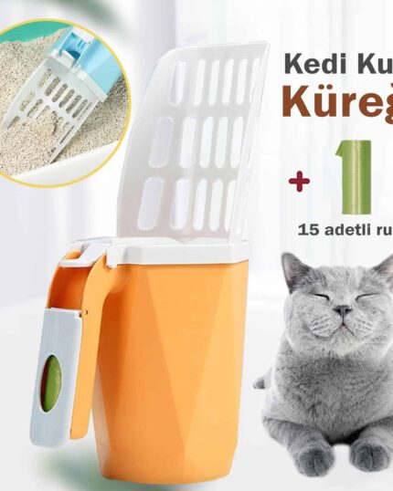 The LitterLux Advanced Cat Litter Scoop features an orange handle, white slotted shovel, and a green waste bag roll. A smiling gray cat appears beside Turkish text and an inset shows the scoop in action—great for custom pet art fans.
