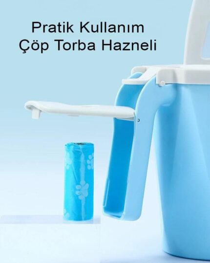The LitterLux Advanced Cat Litter Scoop features a built-in holder for blue waste bags. Turkish text above reads "Pratik Kullanım Çöp Torba Hazneli," meaning Practical Use Trash Bag Holder—perfect after custom pet canvas projects.