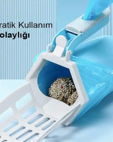 The LitterLux Advanced Cat Litter Scoop, shown in blue and white with clumped cat litter and a built-in waste bag, features the Turkish text “Pratik Kullanım Kolaylığı” (“Practical Ease of Use”) above a pet canvas.