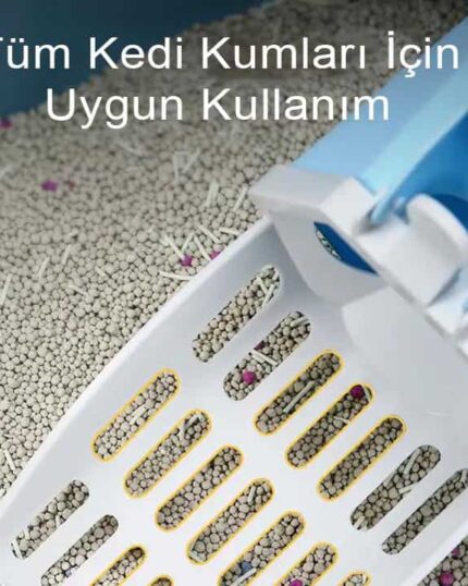 A close-up of the LitterLux Advanced Cat Litter Scoop in white and blue over cat litter, with Turkish text "Tüm Kedi Kumları İçin Uygun Kullanım" (Suitable for All Cat Litters), ideal for custom design pet canvases or prints.
