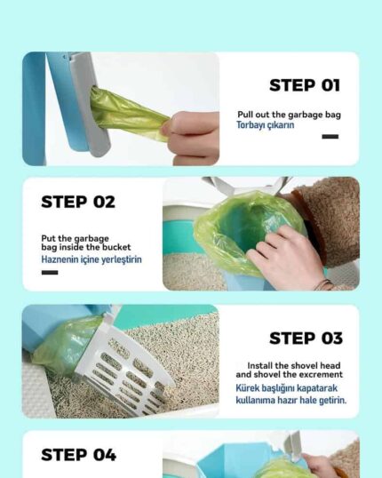 Step-by-step instructions with visuals show how to use the LitterLux Advanced Cat Litter Scoop: remove and insert a green bag into the bucket, scoop waste, tie the bag. Includes pet-themed canvas images. Turkish and English text provided.