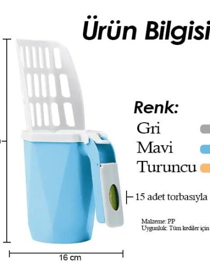 The LitterLux Advanced Cat Litter Scoop features a tall, slotted scoop with space for 15 bags. Available in grey, blue, and orange (31x16 cm). Pair with custom pet canvas prints for a stylish set. Text in Turkish.