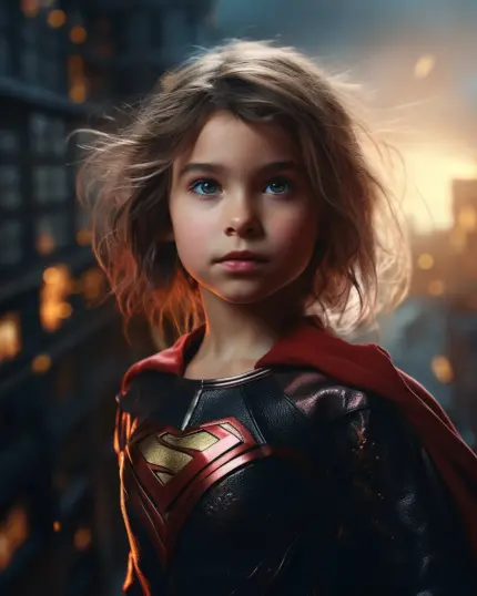A young girl in a superhero costume stands confidently in a city at dusk, inspiring the Custom Superhero Child Portrait - Wondergirl #1—ideal for unique pet canvases or creative canvas printing.