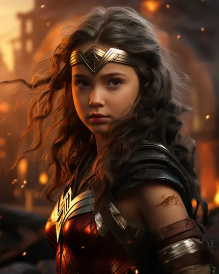 A young girl as Wonder Woman stands confidently in glowing embers, her red and gold armor shining. Wavy brown hair frames her determined face in this dramatic Custom Superhero Child Portrait - Wondergirl #1.
