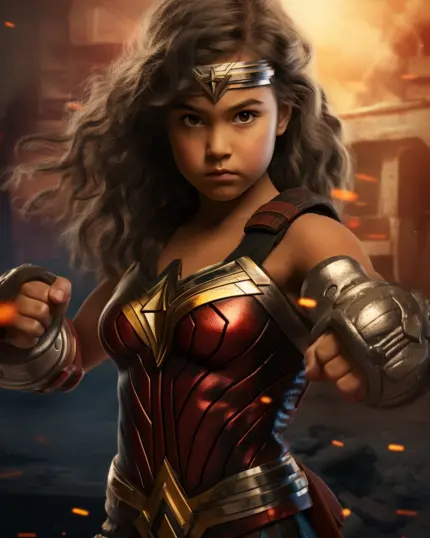 A young girl as Wonder Woman stands with fists raised and fierce determination, her red and gold armor aglow—Custom Superhero Child Portrait - Wondergirl #1 is perfect for canvas prints that capture every heroic detail in dramatic light.