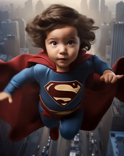 A young child dressed as a superhero soars over a city at sunset in the Custom Superhero Child Portrait - Wondergirl #1, making it an ideal canvas print to capture this heroic moment.