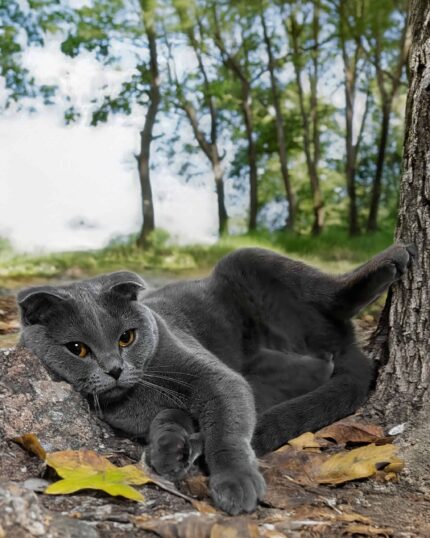 A gray cat with folded ears lounges outdoors—ideal inspiration for your "Propose an Idea – Custom Design Pet Portrait.
