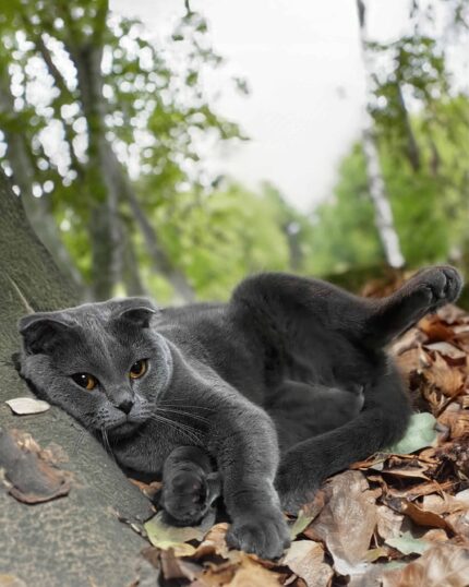 A gray, folded-ear cat lounges on fallen leaves in a leafy forest—perfect for Propose an Idea – Custom Design Pet Portrait artwork.