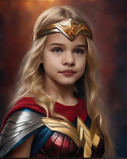 A young girl with long blonde hair and a golden headband poses confidently in red, gold, and blue armor for her Custom Superhero Child Portrait - Wondergirl #1 against a dark, blurred background.
