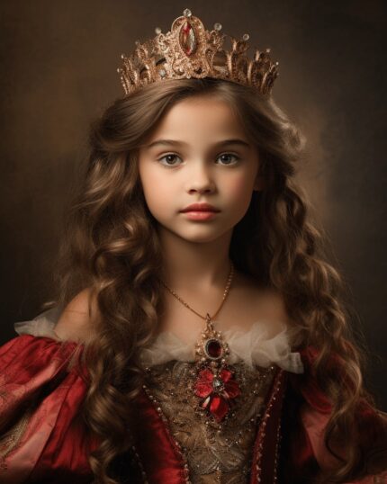 A young girl with long wavy brown hair wears a regal crown and red-gold medieval gown, posing elegantly—ideal for the Custom Regal Family Portrait - Medieval Mom with toddler, perfect as a canvas print or custom pet design.