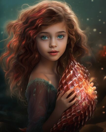 A young girl with long, wavy auburn hair and bright blue eyes holds a glowing seashell in a mystical underwater scene—perfect inspiration for a Custom Regal Family Portrait: Medieval Mom with Toddler.
