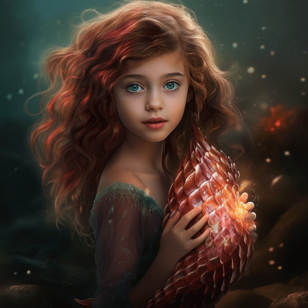 A young girl with long, wavy auburn hair and bright blue eyes holds a glowing seashell in a mystical underwater scene—perfect inspiration for a Custom Regal Family Portrait: Medieval Mom with Toddler.