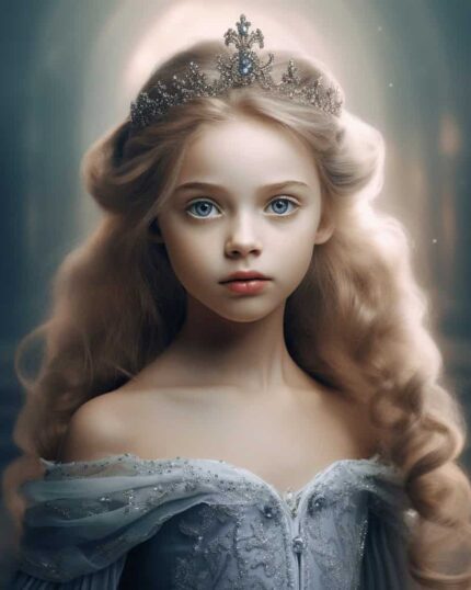 A young girl with long, wavy blonde hair wears a jeweled crown and an off-the-shoulder gown, shining in a softly lit hall—perfect as a Custom Superhero Child Portrait - Wondergirl #1 canvas to enhance your space.