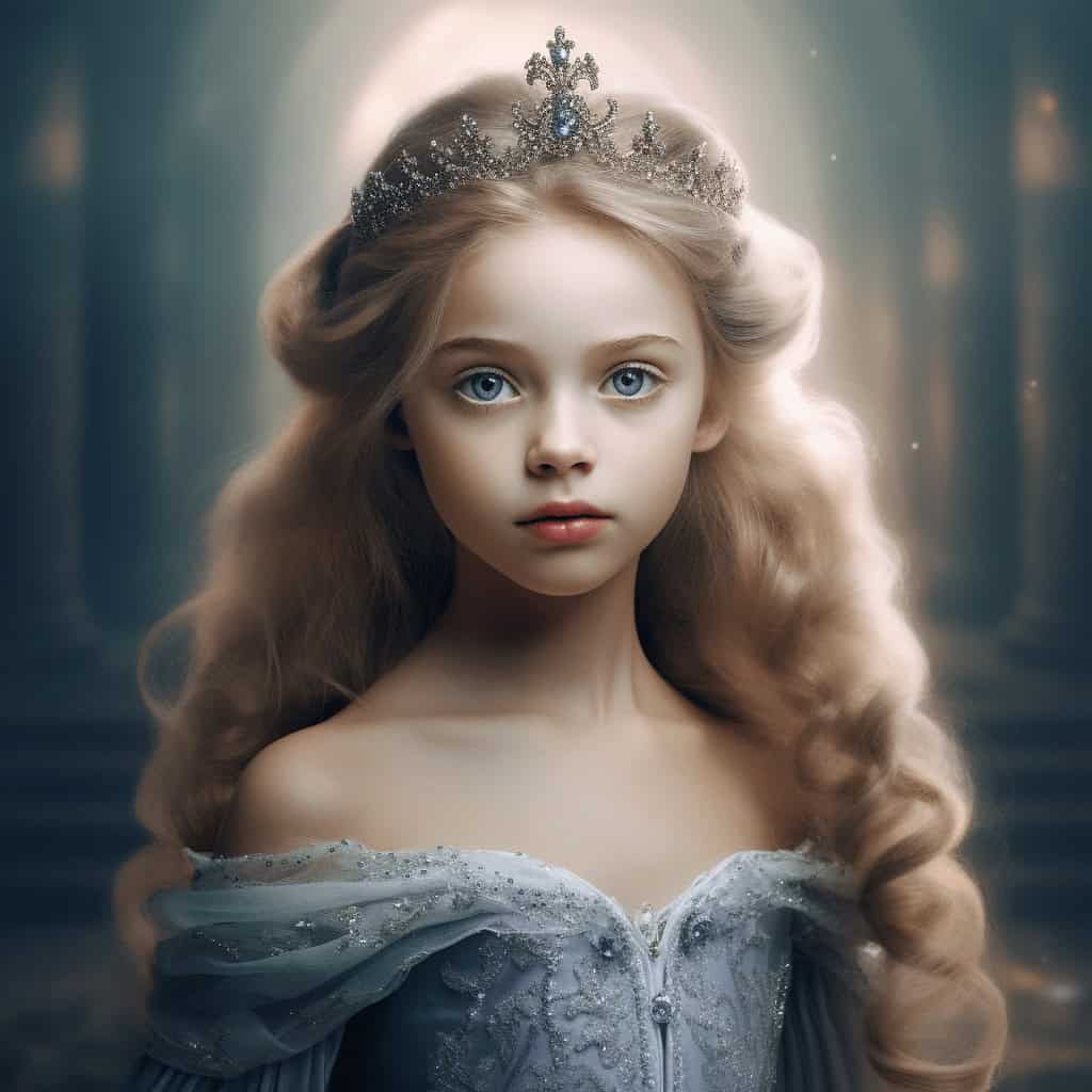 A young girl with long, wavy blonde hair wears a jeweled crown and an off-the-shoulder gown, shining in a softly lit hall—perfect as a Custom Superhero Child Portrait - Wondergirl #1 canvas to enhance your space.
