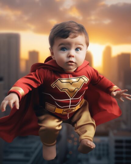A surprised baby dressed as Ironboy floats with a red cape above a city skyline at sunset—a whimsical scene featured in our Custom Superhero Child Portrait - Ironboy #6, perfect for canvas prints or your unique decor.