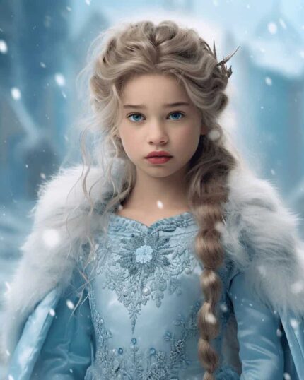 A young girl with long, braided blonde hair in a light blue dress and white fur cape stands in snow—this magical moment can be transformed into a Custom Superhero Child Portrait - Wondergirl #1 for unique canvas printing.