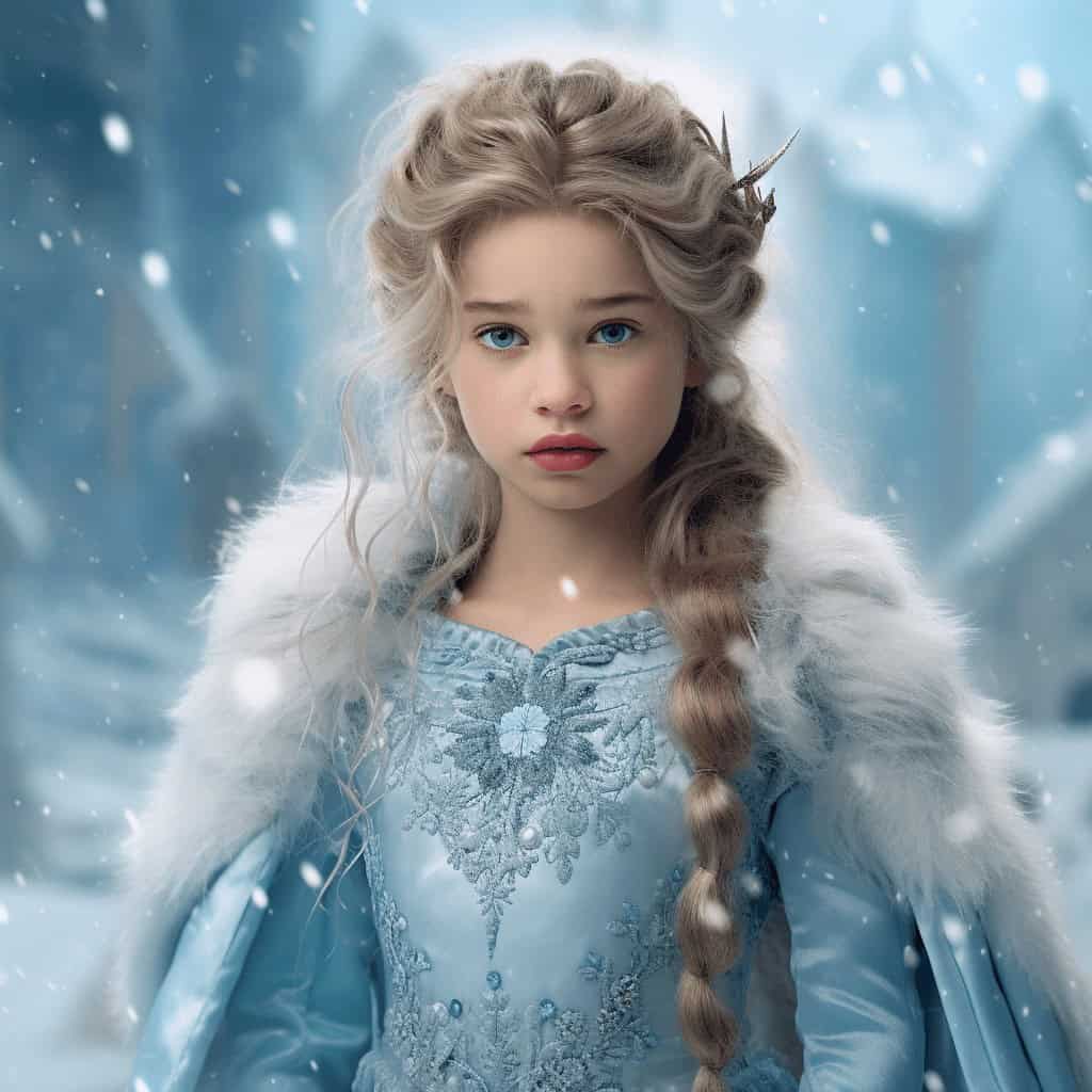 A young girl with long, braided blonde hair in a light blue dress and white fur cape stands in snow—this magical moment can be transformed into a Custom Superhero Child Portrait - Wondergirl #1 for unique canvas printing.