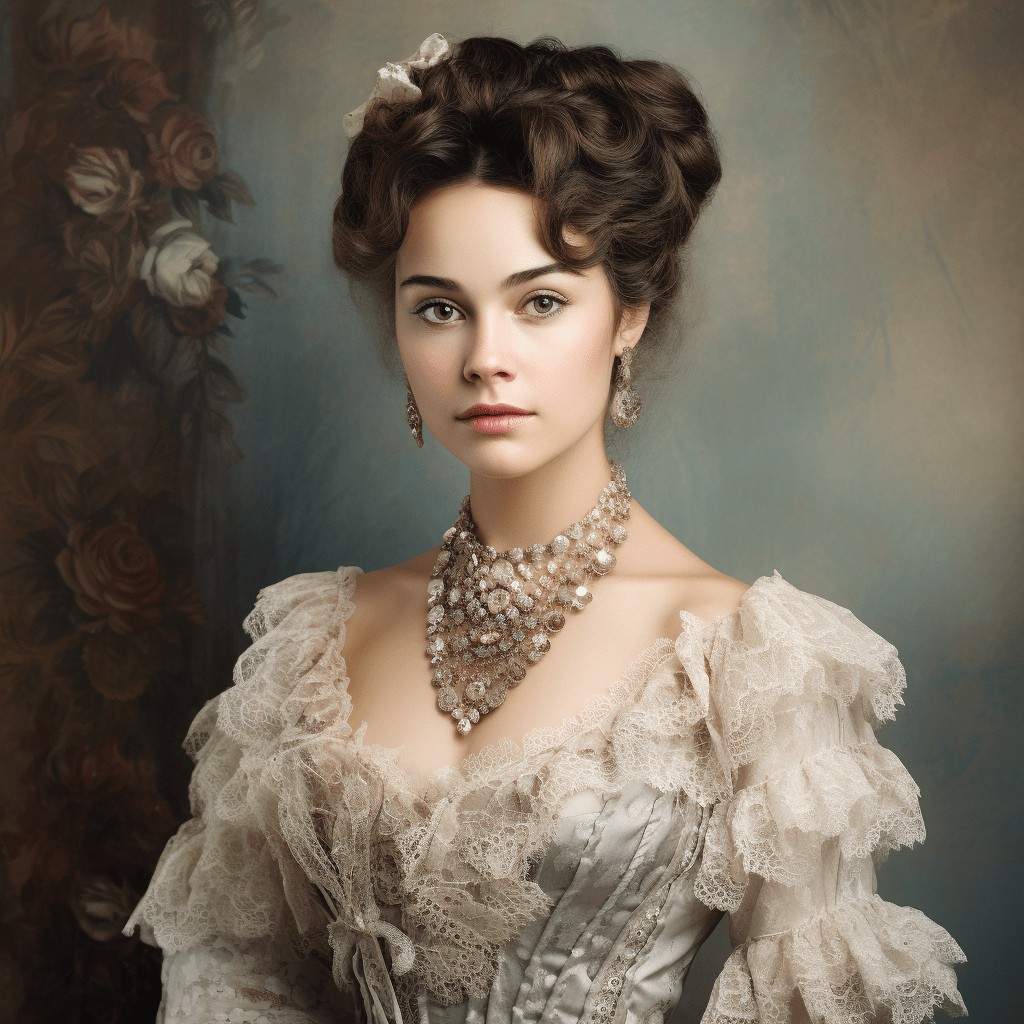 A woman in ornate Victorian attire poses with her toddler, mirroring the artistry of the Custom Regal Family Portrait – Medieval Mom with Toddler, evoking the elegance of fine canvas printing.