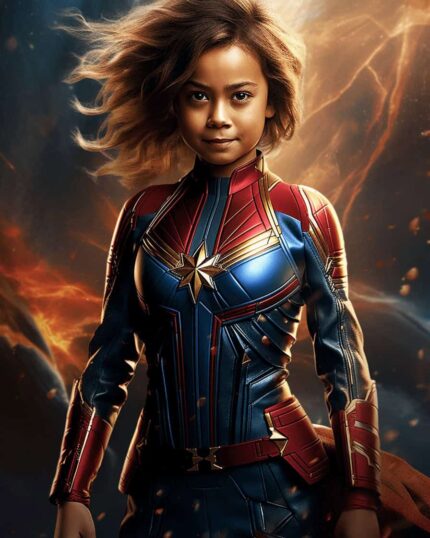 A young girl with curly hair stands confidently as Wondergirl in this Custom Superhero Child Portrait - Wondergirl #1, set against a glowing cosmic background—an empowering image perfect for canvas printing.