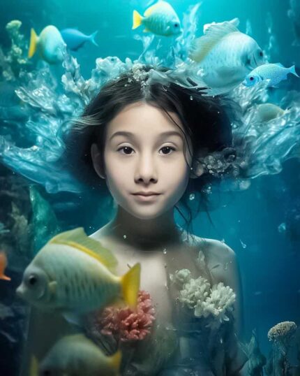 A young girl with dark hair floats underwater among colorful fish and coral, forming a magical scene—perfect to feature in a Custom Superhero Child Portrait - Little Mermaid #2 for enchanting ocean-themed wall art.