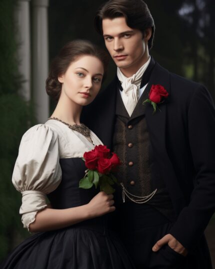 A young couple in elegant, vintage 19th-century attire stands outdoors, their serious expressions evoking a romantic, historical mood—reimagined as in the Custom Superhero Child Portrait - Ironboy #6.