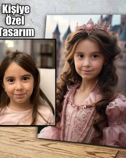 A photo collage features a smiling girl with long brown hair and her Custom Superhero Child Portrait - Princess Girl version, dressed in a pink gown and crown with a castle background. Ideal for canvas prints and Kişiye Özel Tasarım.