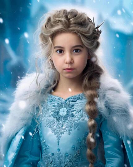 A young girl dressed as Princess Elsa in a light blue gown and white fur cape stands in a snowy scene—perfect for a Custom Superhero Child Portrait: Kid Princess Elsa.