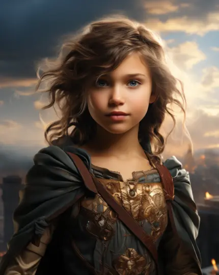 A brave young girl in medieval armor stands against a smoky sky with ruins and flames—perfect for the Custom Superhero Child Portrait - Wondergirl #1, bringing fantasy and heroism to your custom canvas print.