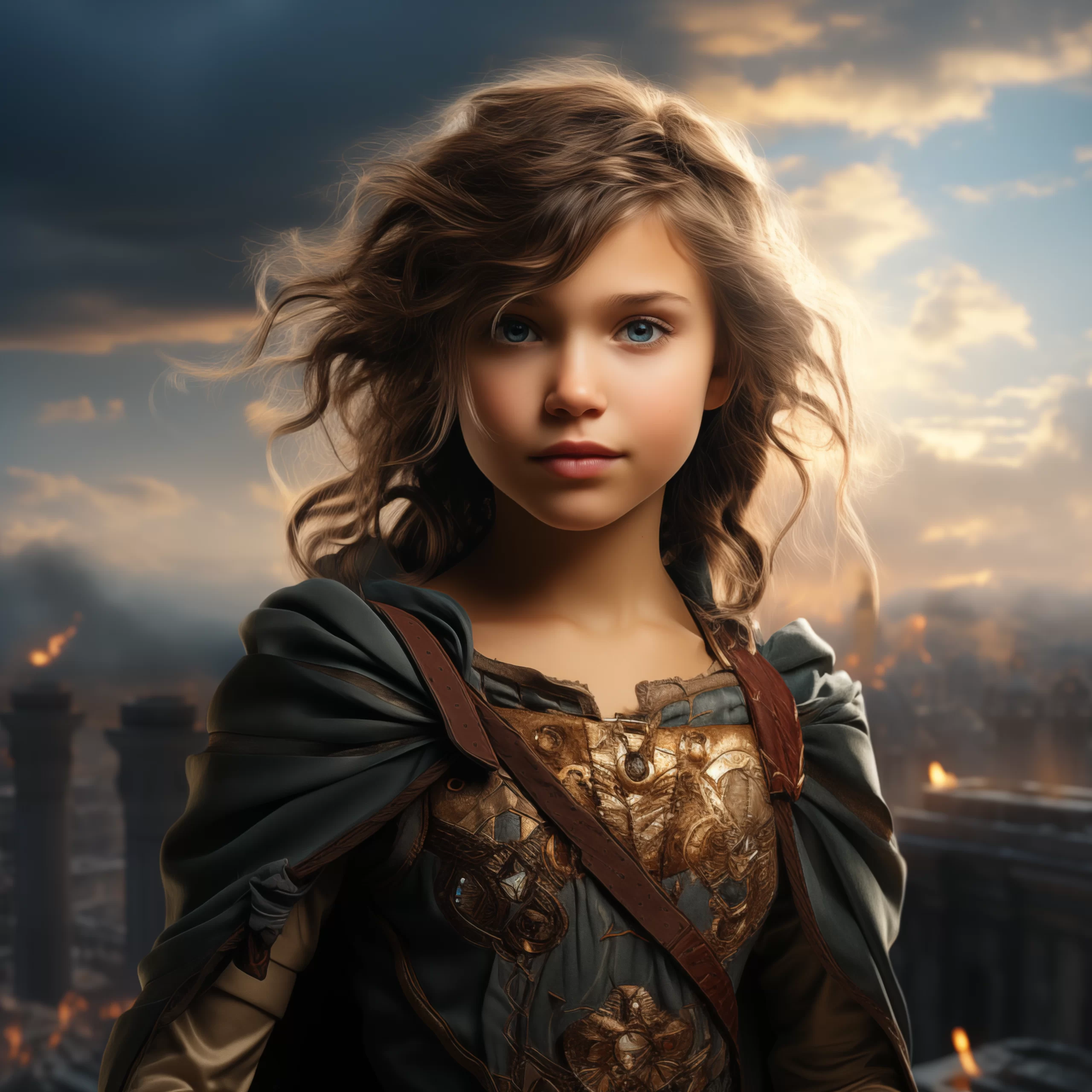 A brave young girl in medieval armor stands against a smoky sky with ruins and flames—perfect for the Custom Superhero Child Portrait - Wondergirl #1, bringing fantasy and heroism to your custom canvas print.