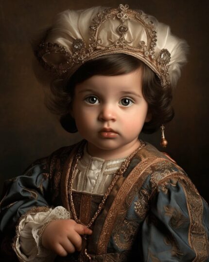 A young child with dark hair and expressive eyes wears a custom Wondergirl superhero costume, striking a powerful pose for the Custom Superhero Child Portrait - Wondergirl #1, set against a dramatic, softly lit background.