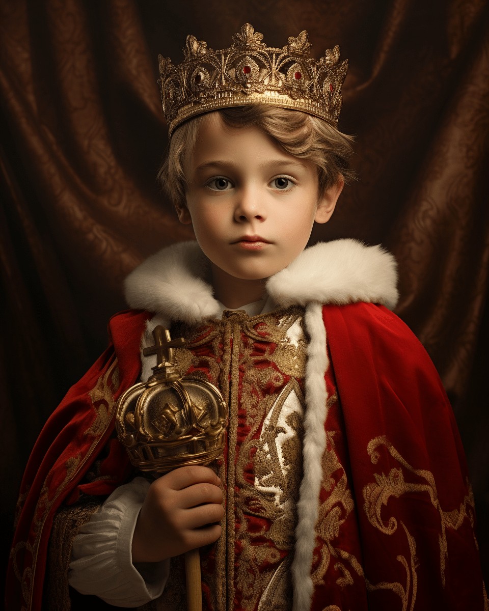 A young boy in a gold crown and red robe inspires the "Custom Regal Family Portrait - Medieval Mom with toddler," perfect for unique pet canvas or custom canvas printing set against an ornate brown background.