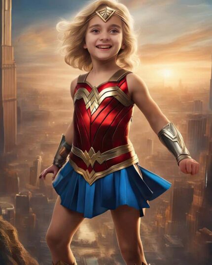 A young girl poses confidently as Wondergirl #1 on a rooftop at sunset, city skyline behind her—a perfect moment for a Custom Superhero Child Portrait.
