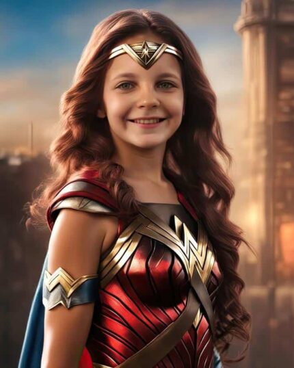 A young girl with long brown hair smiles in a detailed Wonder Woman costume, standing before a sunset cityscape—perfect inspiration for your Custom Superhero Child Portrait - Wondergirl #1.