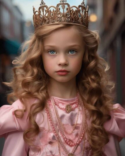 A young girl with long, curly blonde hair and a gold crown wears a pink dress and layered necklaces, standing confidently outdoors—perfect inspiration for your Custom Superhero Child Portrait - Wondergirl #1.