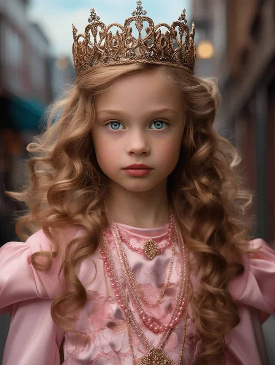 A young girl with long, curly blonde hair and a gold crown wears a pink dress and layered necklaces, standing confidently outdoors—perfect inspiration for your Custom Superhero Child Portrait - Wondergirl #1.