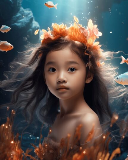 A young girl with flowing hair and a coral crown is underwater, surrounded by glowing fish and sea plants, softly lit—an enchanting scene to capture on a Custom Regal Family Portrait - Medieval Mom with toddler.