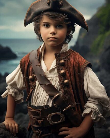 A young child dressed as a superhero poses confidently by the sea for a Custom Superhero Child Portrait - Wondergirl #1, standing on rocky terrain with dramatic clouds in the background, ready to be captured on canvas.