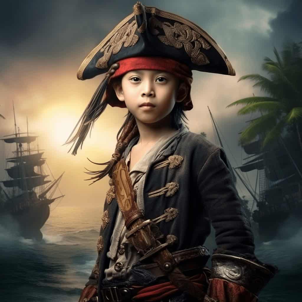 A young child stands heroically by the sea in a custom Wondergirl #1 portrait, wearing a vibrant costume and cape. Two old ships appear in the misty sunset background, creating a dramatic scene on this stunning superhero canvas.